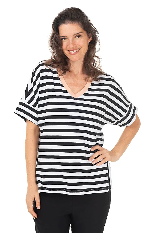 Black Striped Contrast V-Neck Tee